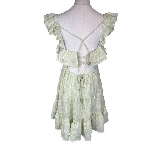 NWT All In Favor Medium Pistachio Ruffled Mini Dress Open Back & Adjustable Tie - Picture 8 of 16